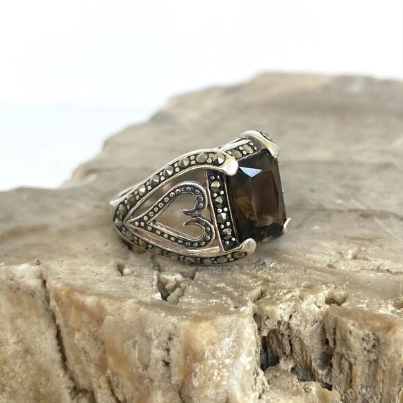 Sterling Silver 925A Rectangular Smoky Quartz & Marcasite Heart Ring Sz 5.75 - Picture 4 of 16